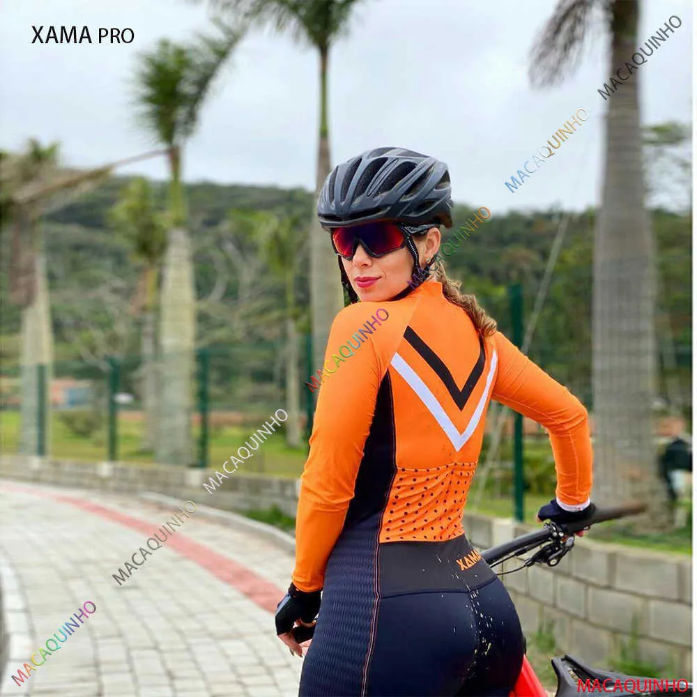 サイクリング服セットXama Proレディースサイクリングジャンプスーツ無料出荷ブラジル長袖自転車モンキーセットOrangeHKD230625