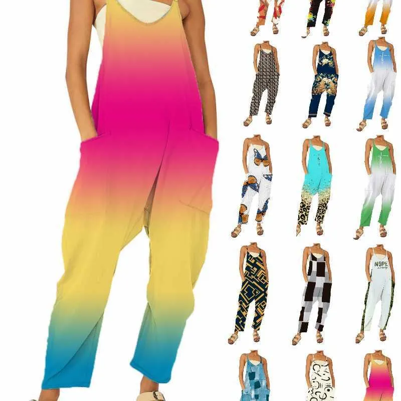 2023 여름 새로운 점프 슈트 여성 디자이너 캐주얼 롬 퍼와 주머니 패션 그라디언트 인쇄 느슨한 바지 15 색