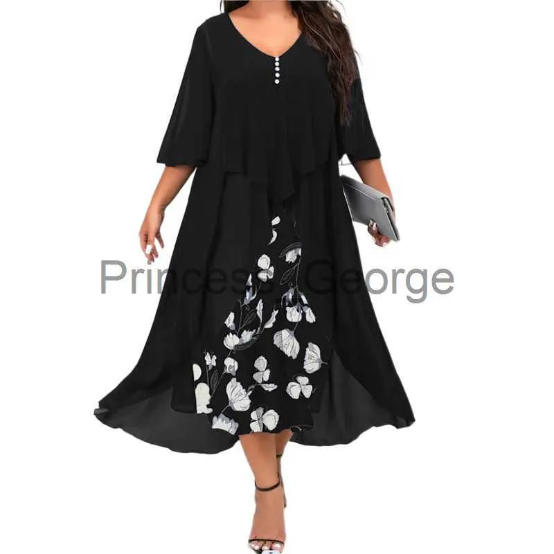 Casual Dresses Plus Size Women Dress Fake Two Piece Elegant Chiffon Tierred Loose Midi Party Dresses Lady Oversized Chic Vestidos De Fiesta x0625