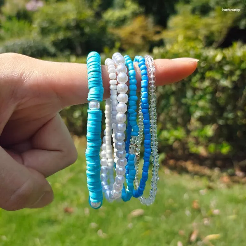 Strand pärlstav strängar boho blå och vit pärla armband set rispärlor pärla akryl mjuk keramik handgjorda elsatiska juvelrybeaded