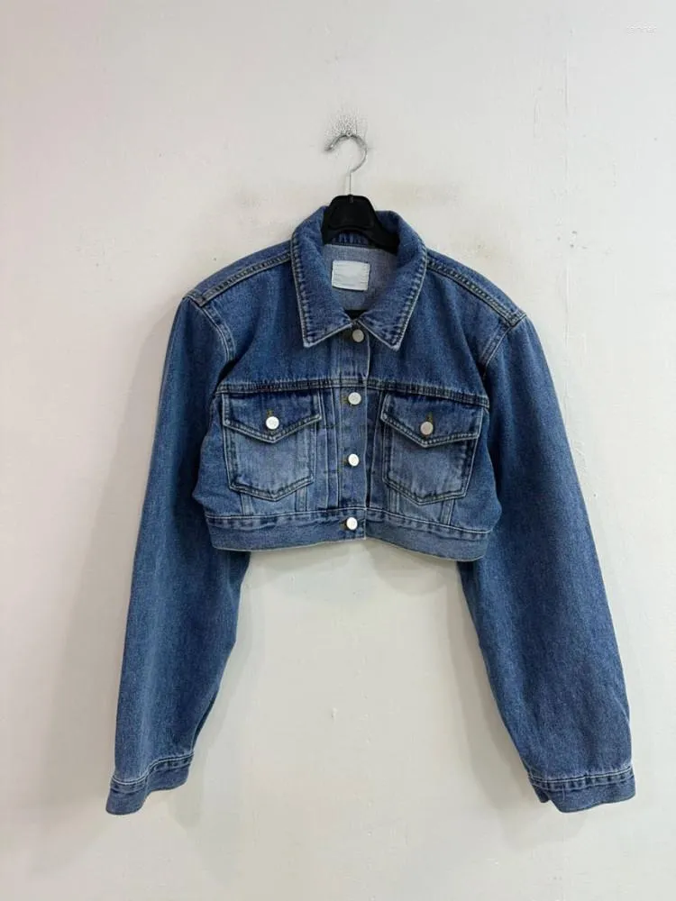 Kvinnorjackor Crop Jeans Jacket Fowomen 2023 Korean Fashion Casual Vintage Denim Coats Long Sleeve Turn Collar Streetwear Coat