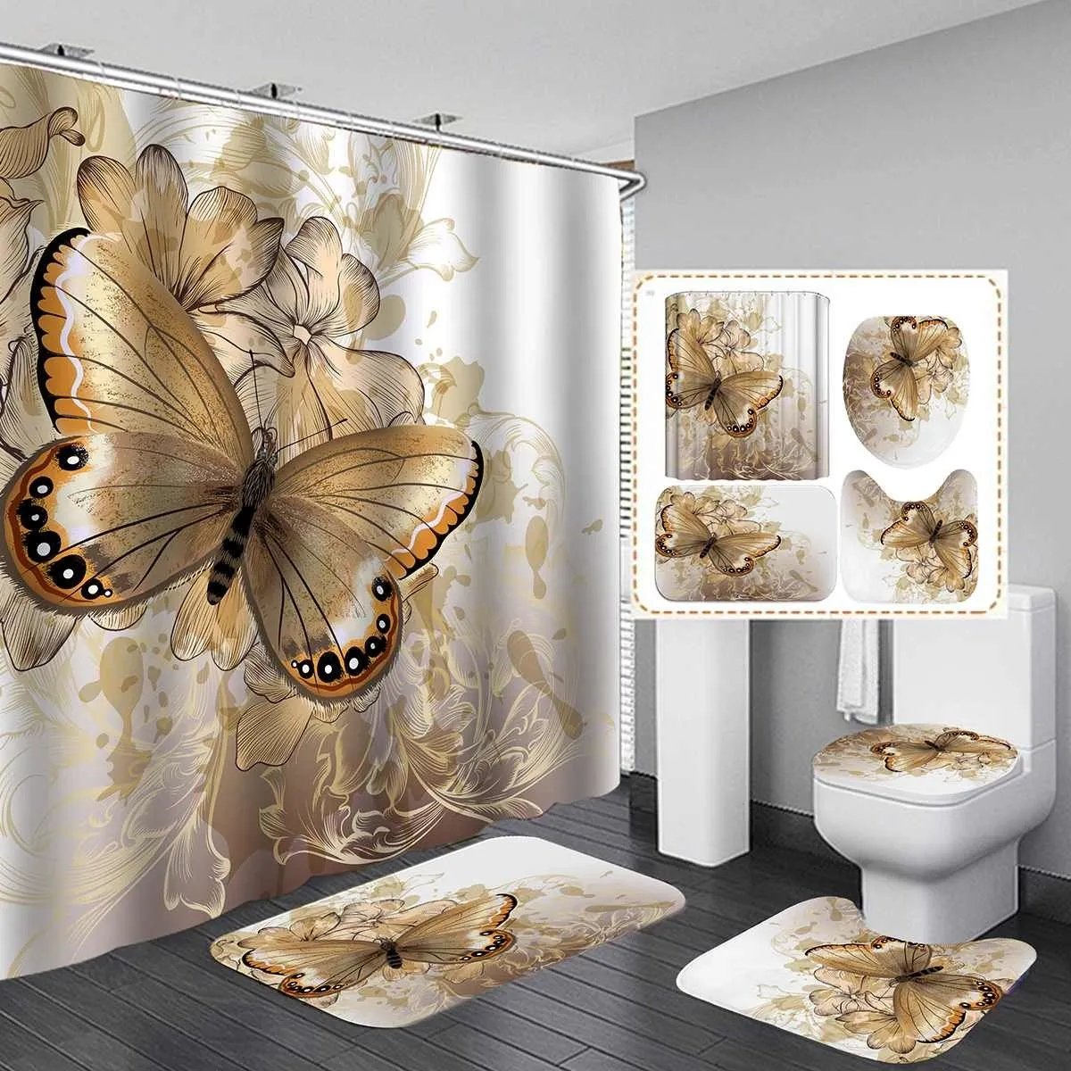 Shower Curtains Butterfly Bath Curtain Polyester Waterproof Bathroom Carpet Rugs Set Nonslip KitchenBath Mat Products 230625