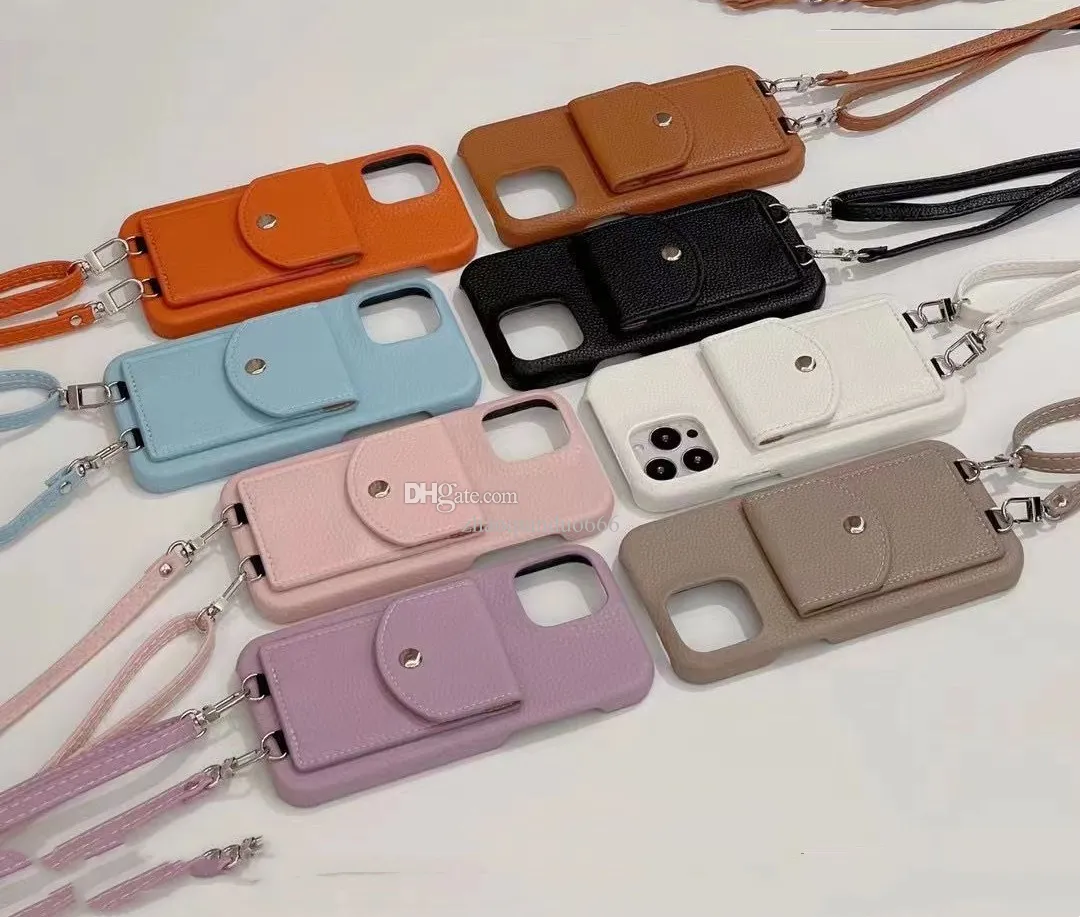 Designer-Handyhülle für iPhone 14 Pro Max 13 Mini 12 Sets 11 Max Plus Xs Xr X 7 8 6 Plus Kartentasche Lanyard Litschi-Muster diagonale Handyhülle