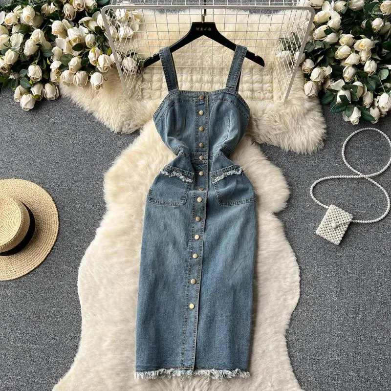 Sıradan elbiseler Kore denim elbise kadın sokak kıyafeti kolsuz tek göğüslü kot pantolon uzun sundress spagetti kayış vestidos