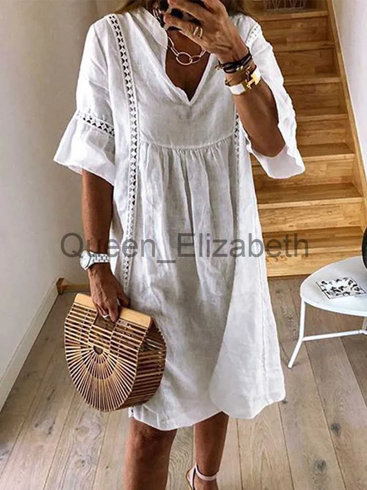 Casual Kleider ZANZEA 2023 Sommer Spitze Kleid Frauen Sommerkleid Mode Flare Hülse Kurze Vestido Weibliche Böhmische V-ausschnitt Party Hemd robe Femme J230625