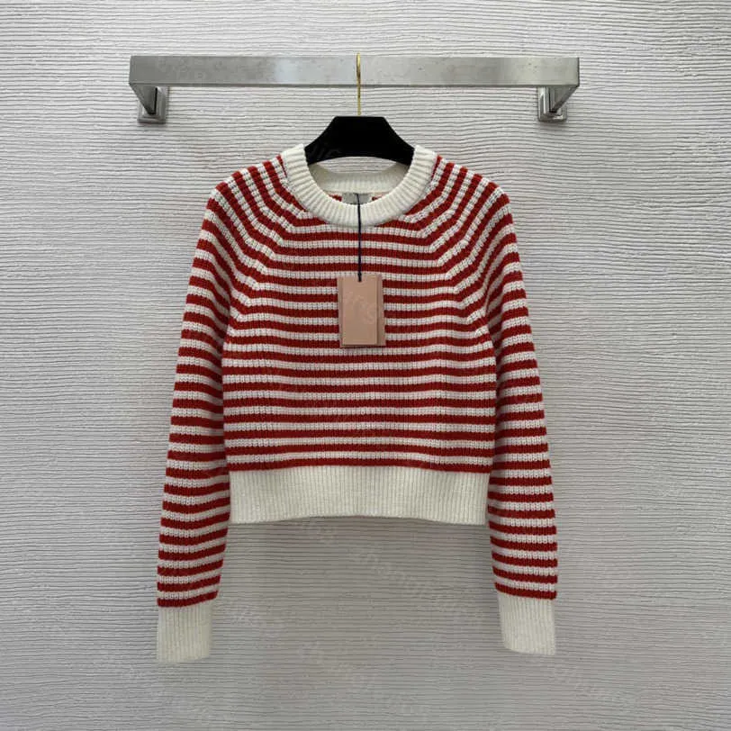 23ss suéter feminino roupas de grife feminina doce combinando listrado suéter de manga comprida pulôver suéter curto roupas femininas de alta qualidade a1