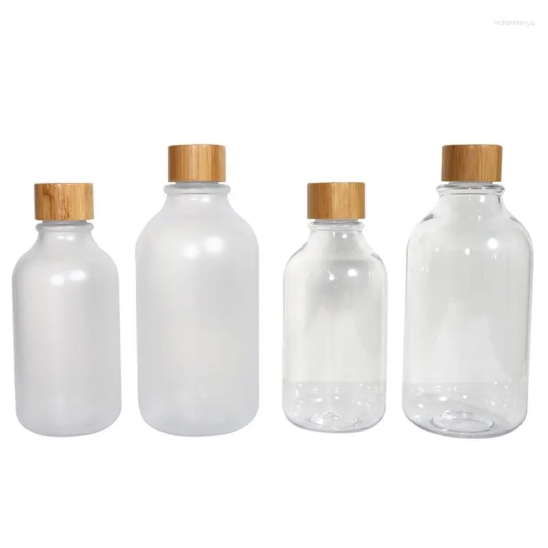 Bouteilles De Stockage Vide Bouteille En Plastique PET Transparent Couvercle En Bois De Bambou Portable Rond Gel Cosmétique Conteneur Toner Plug Flacons 300 ML 500 ML