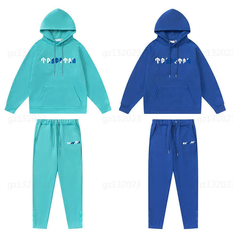 Designer hoodie kostym Mens Tracksuit Två stycken set vit och blå handduk broderi vadderad huva tröja med avslappnade tröjor Trapstar kostym