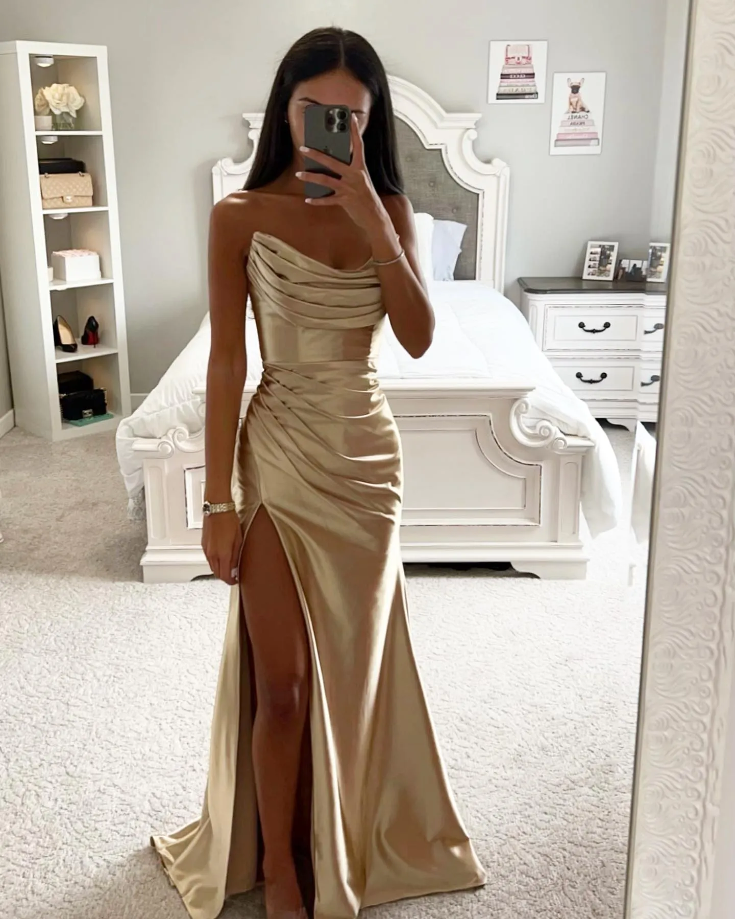 myohmydress Fashion Champagne Gold Prom Dresses Strapless Evening Gowns Pleats Sheath Split Formal Red Carpet Long Special Ocn Party Dress 1102