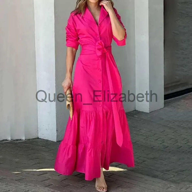 Robes Décontractées LIYONG Femmes Maxi Robe De Mode Élégant À Manches Longues Revers À Lacets Taille Nippée Plissée Couleur Unie Robes Haute Streetwear J230625