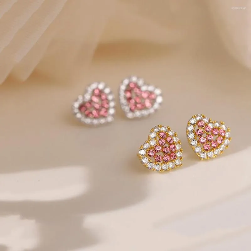 Stud Earrings Cute Romantic Pink Zircon Heart For Women Korean Fashion Gold Color Geometric Jewelry Pendientes Mujer