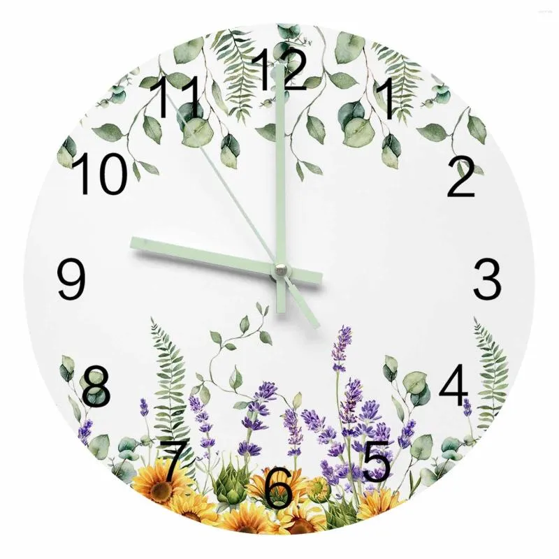 Wandklokken Wilde Bloem Eucalyptus Zonnebloem Plant Lavendel Lichtgevende Wijzer Klok Thuis Ornamenten Ronde Stille Woonkamer Decor