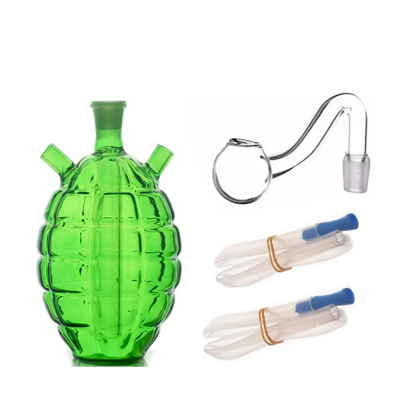 Vente en gros Vert grenade antichar Forme eau dab rig bong Creative double joint brûleur à mazout en verre bongs tuyau pour fumer avec deux tuyaux en silicone