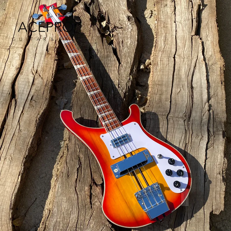 5-delad hals genom kropp Cherry Sunburst 4 String Electric Bass Guitar Justerbar bro tillgänglig Checkerboardbindning