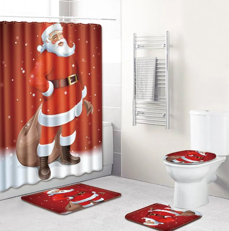 Sets 4 Pieces Bathroom Mat Set Waterproof Floral Print Shower Curtain+ Rug+ Toilet Lid Cover+ Bath Mat Christmas