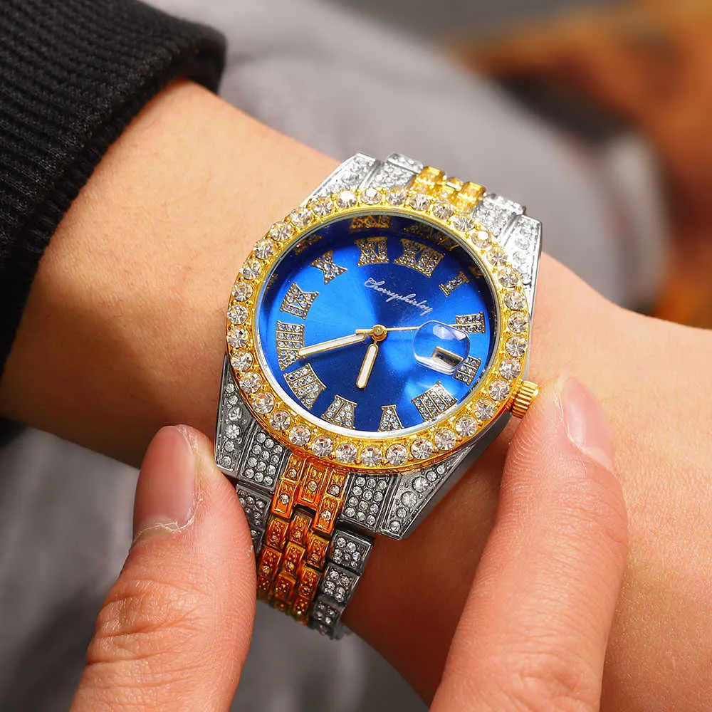 DHgate Iced Out Luxury Watch for Men Gold and Silver Cubic Zirconia Hip Hop Full Diamond Stainless Steel Quartz Mens Watch Watches