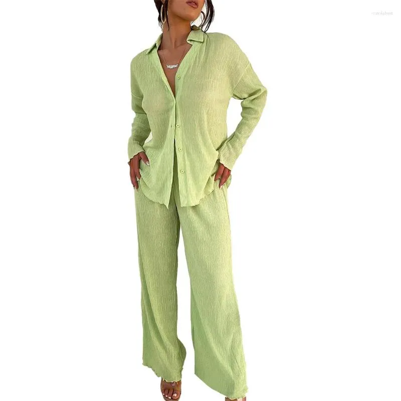 Elegant Womens Sheer 2 Piece Pajama Set with Long Sleeve Button Up Top and Wide Leg Lounge Pants in Soft Fabric Perfect for Comfortable Sleepwear and