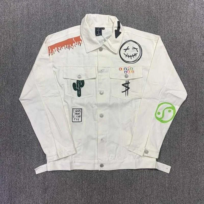 Chaquetas de hombre 21SS Catcus sonriente chaqueta de mezclilla de gran tamaño de manga larga Cactus Jack abrigo demon slayer chaqueta gótica T230621