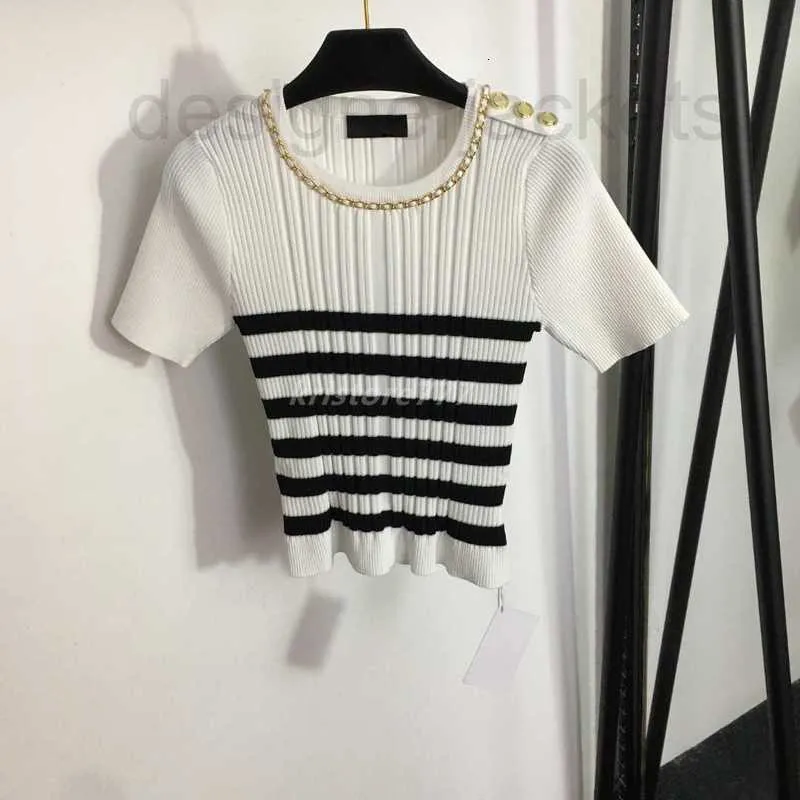 T-shirt damski 2023 Kobiety Summer Knit Tee Designer Tops z pasiastymi guzikami Milan Runway Ubranie Ubranie High End marka Elastyczność Sweter H9RU