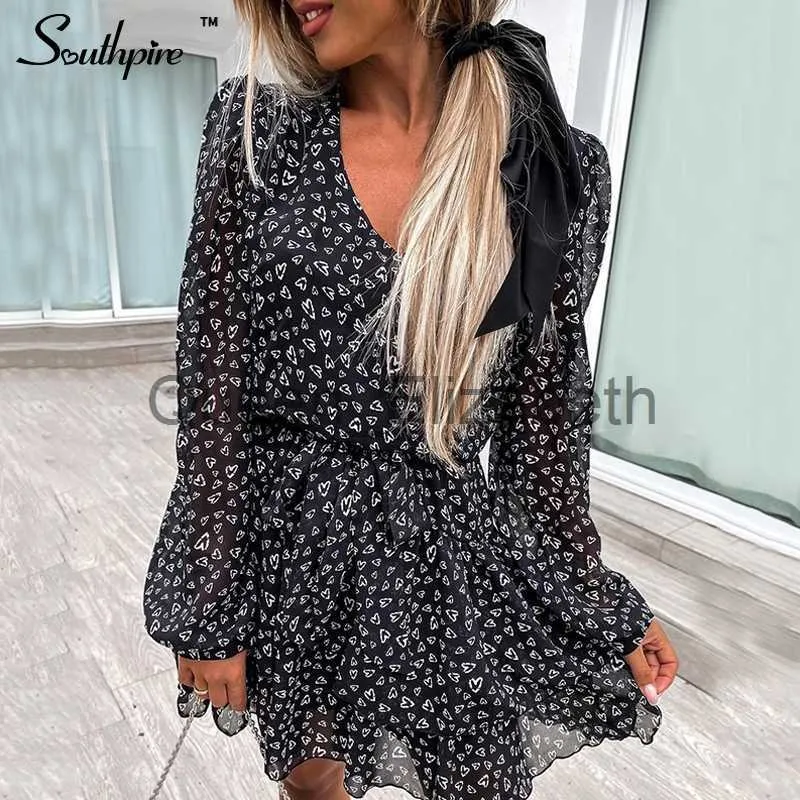 Casual Dresses Southpire A-Line V-Neck Vintage Black Print Dresses Women's Chiffon Long Sleeve Elastic Waist Mini Party Vestidos Sundress J230625