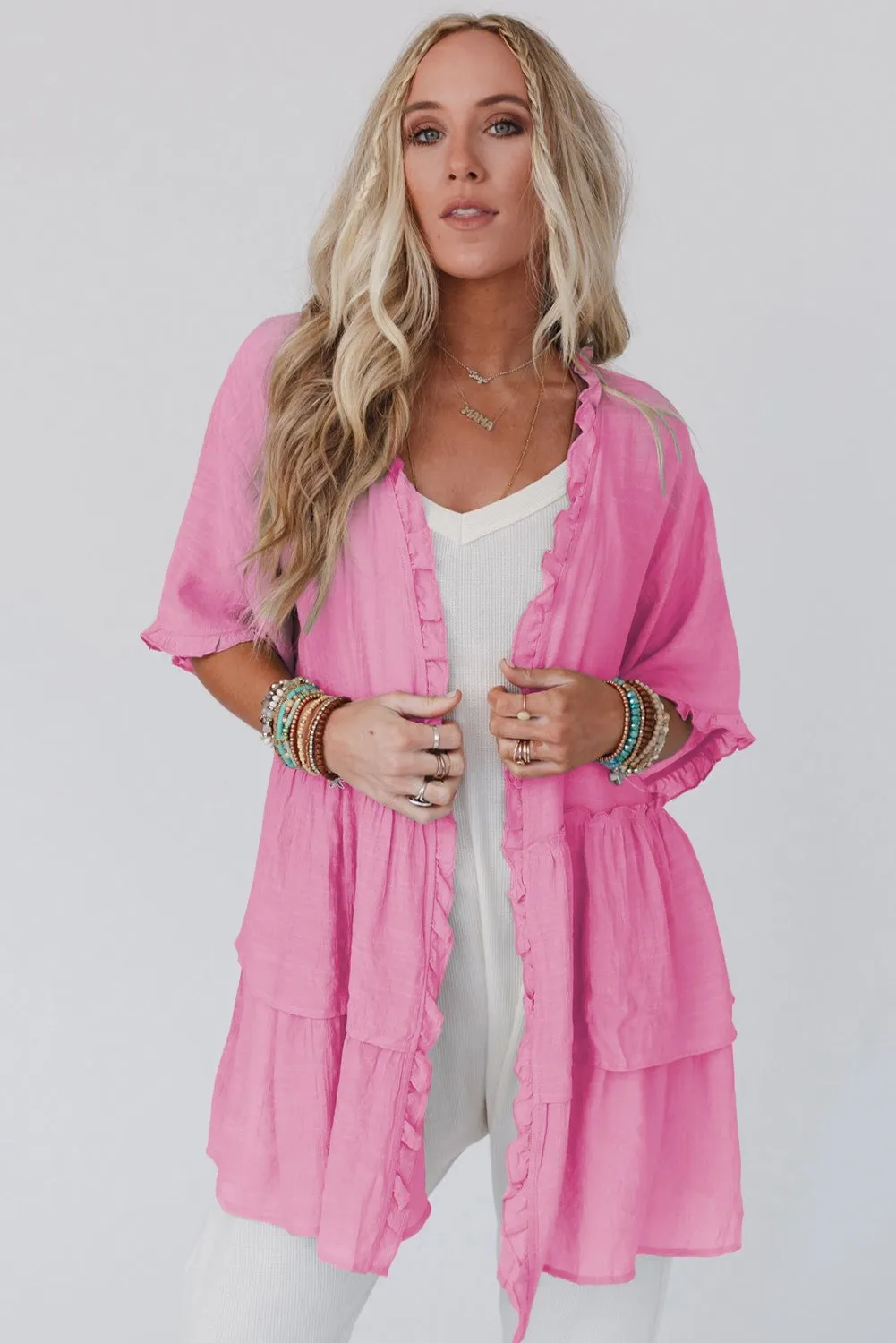 New Arrivals Wholesale Ruffled Trim Half Sleeve Cardigan Open Front Kimonos Ladies blouse