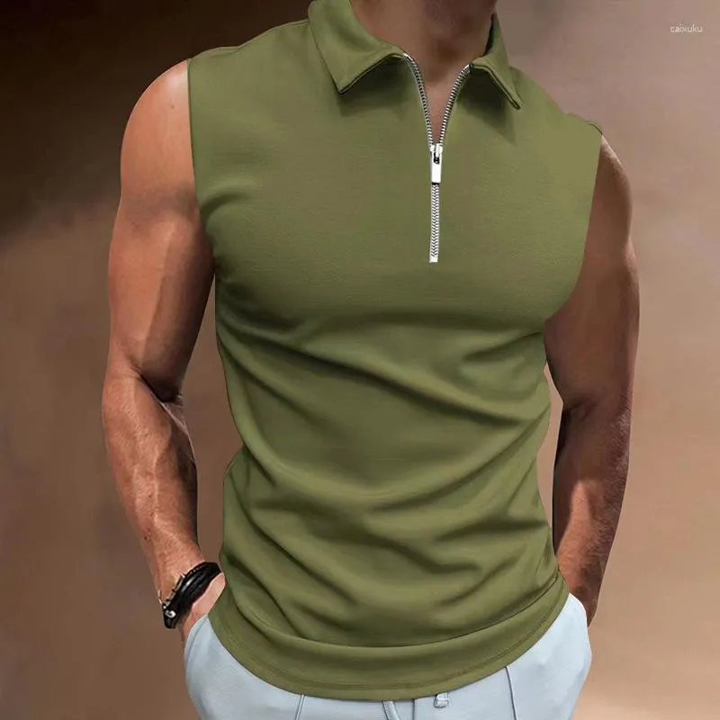 Mens tanktops mode mouwloze turn-down kraag ritsvest shirt heren zomer casual kleding solide polo streetwear camisole