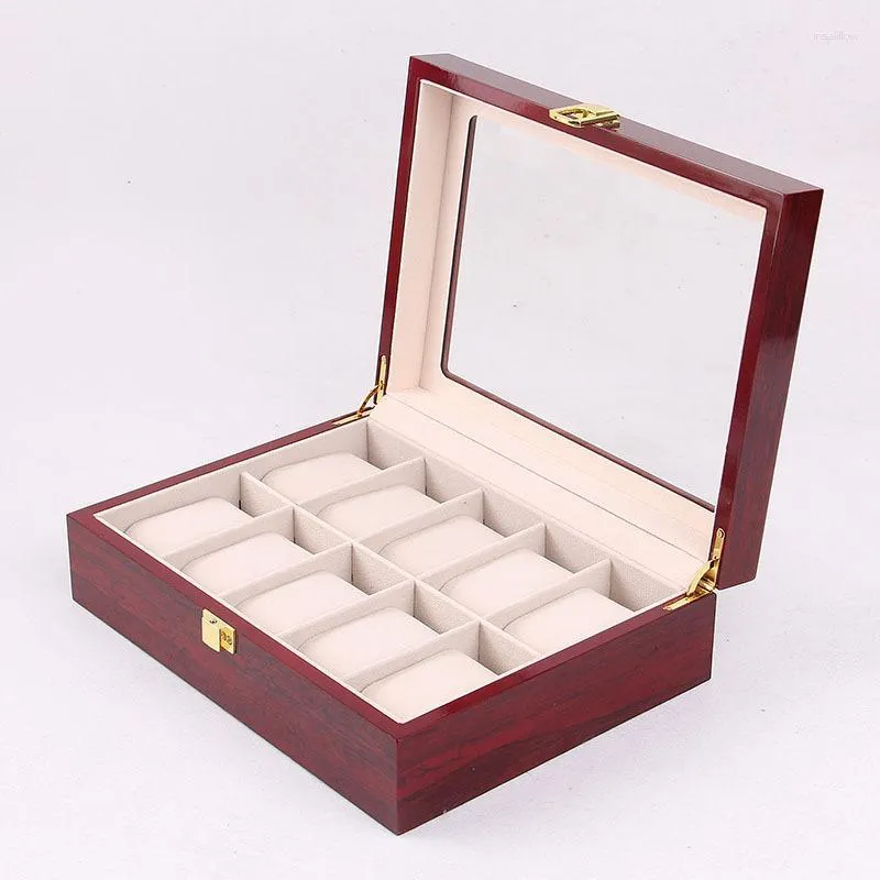 Watch Boxes & Cases Luxury 10 Grids Wooden Storage Box Wine Red Baking Finish Jewelry Collection Wood Display Organizer Case Holder Deli22