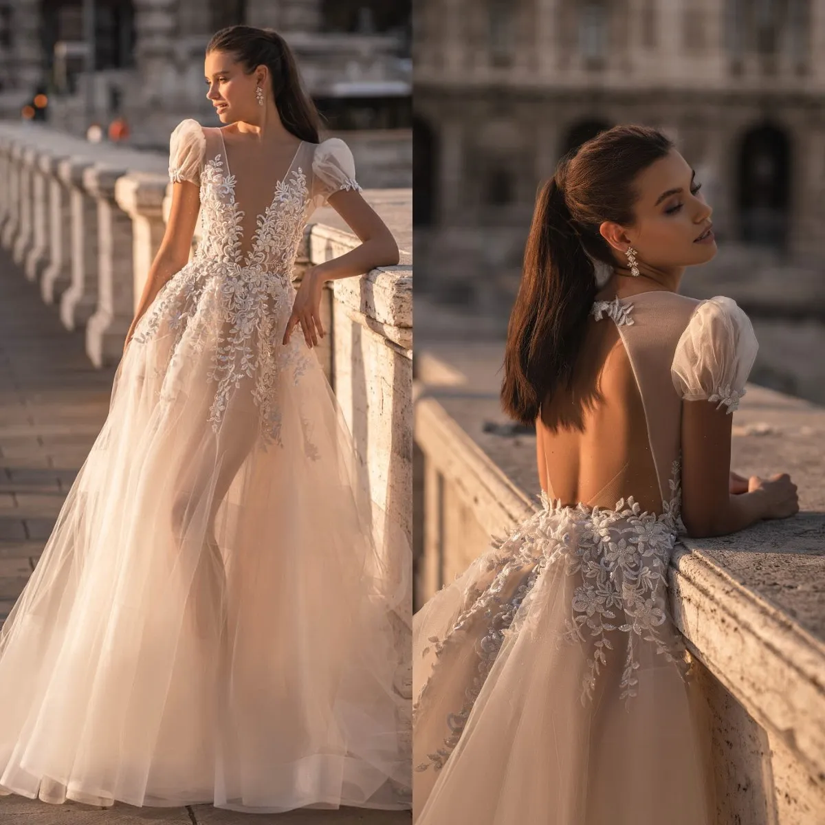 Berta A Line Abiti da sposa per la sposa Illusion Scollo profondo con scollo a V Abito da sposa senza schienale abiti da sposa Paillettes Appliques abiti da sposa firmati