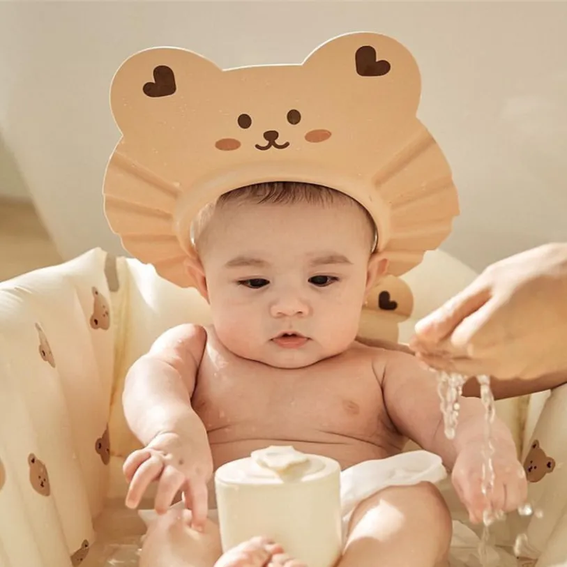 Dessin animé ours bébé mousse shampooing casquette doux lavage des cheveux chapeau pour enfants bain douche oreille bouclier cheveux chapeau enfant protéger tête couverture casquette