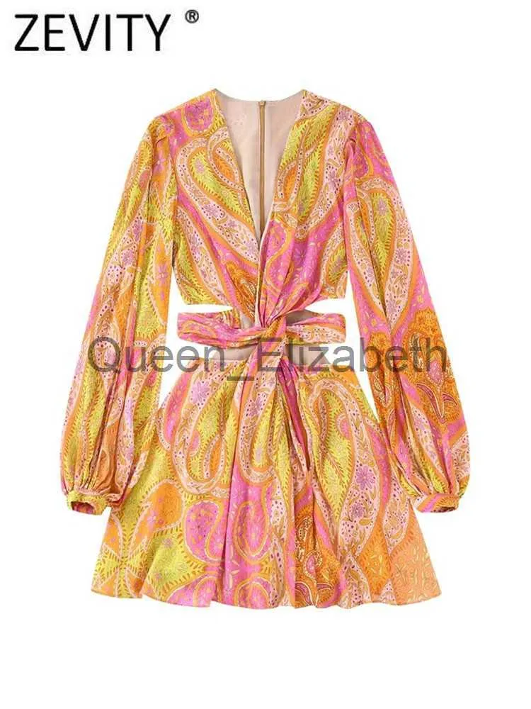 Robes Décontractées Zevity Femmes Vintage Col En V Noix De Cajou Imprimé Floral En Mousseline De Soie Mini Robe Femme Chic À Manches Longues Twist Évider Vestidos DS1845 J230625