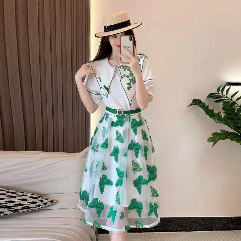 Women's Two Piece Pants Fashion Summer Shirt Set Women Big O Neck Embroidery Flower White Tops Mesh Green Butterfly Midi Skirt Suit WIth