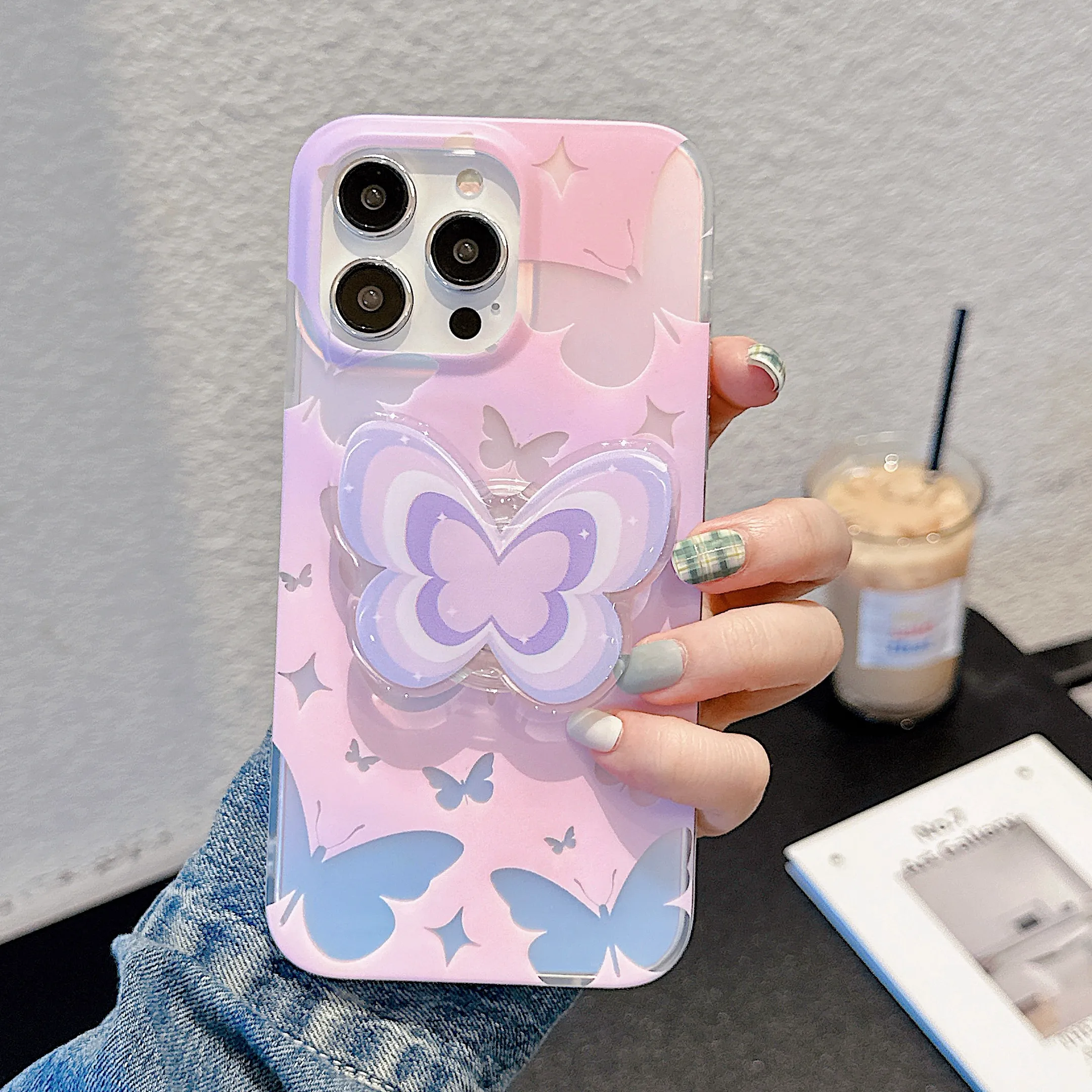 wholesael free DHL Ins Colorful Stars butterfly Transparent Silicone Phone Case with holder stand for IPhone 14 Plus 13 12 11 Pro X XS XR Max
