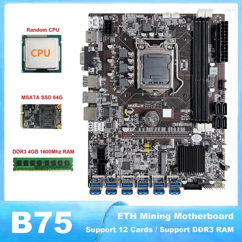 Schede madri B75 ETH Mining LGA1155 Scheda madre 12 PCIE a USB con CPU casuale MSATA SSD 64G (nero)