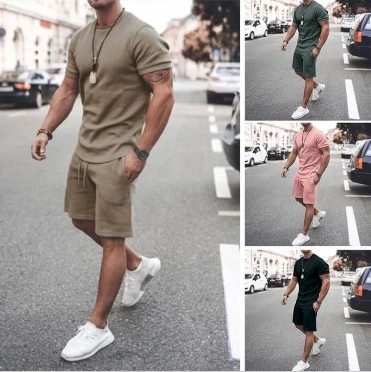 Men's Tracksuits Mens Tracksuit 21 Summer Short Sleeves & Shorts Casual Pure Color Outfits Men Breathable Two Piece Pants Active Sweatsuits