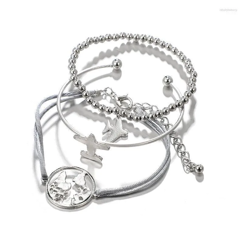 Bedelarmbanden AECLVR 3 stks/set Plant Cirkel kralen Bedels armband sets Zilver Metalen ketting Open manchetten Dames Dames Dagelijks Sieraden Melv22