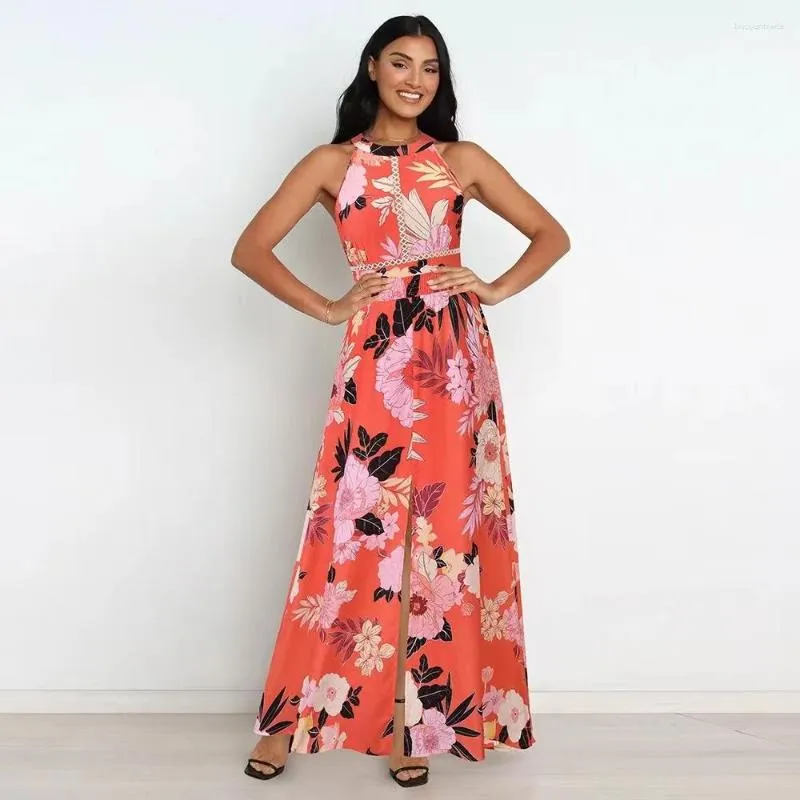 Casual Dresses 2023 Women's Summer Printed Sleeveless Halter Neck Long Maxi Dress Party Prom