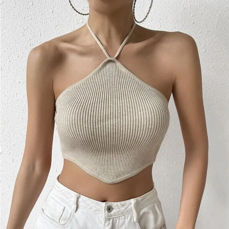 Womens Sexy Hang Neck Lace Up Backless Knitted Vest Slim Cropped Tops Clubwear