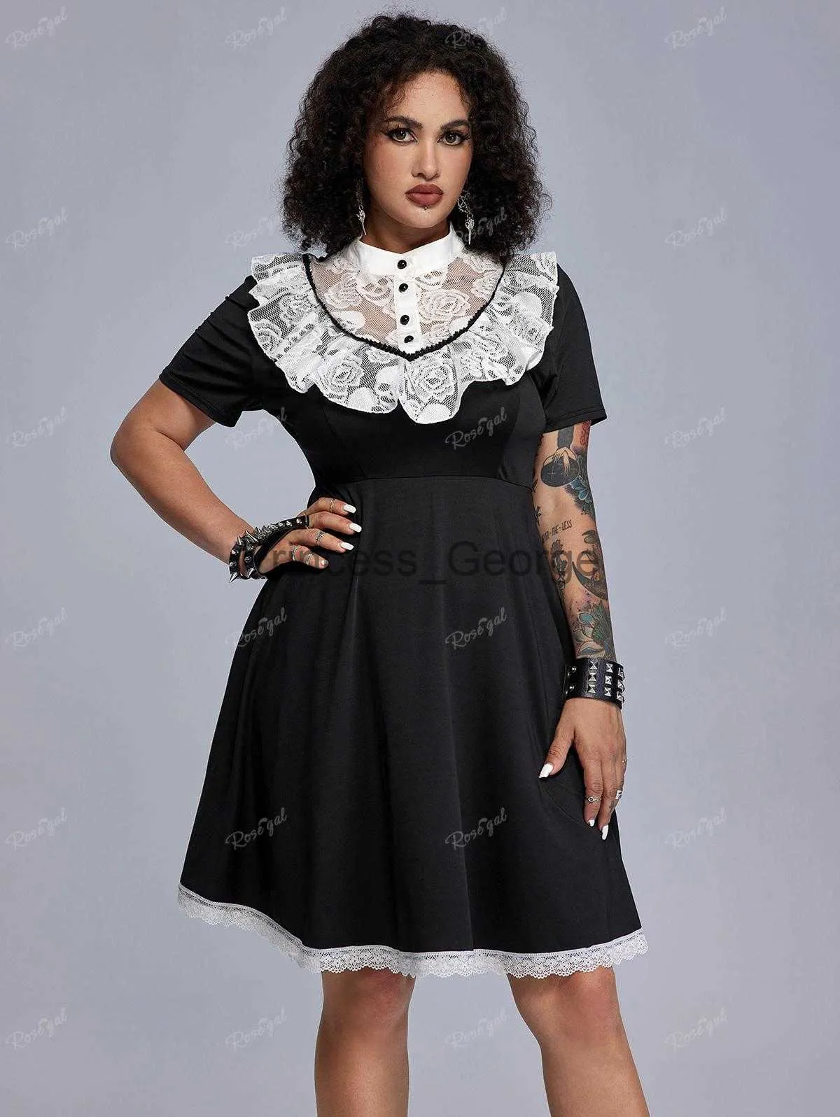 Vestidos Casuais ROSEGAL Plus Size Gótico Contraste Painel de Renda Retro Fit E Vestido Flare Mulheres Vintage Streetwear Cosplay Vestidos Vestidos 5XL x0625