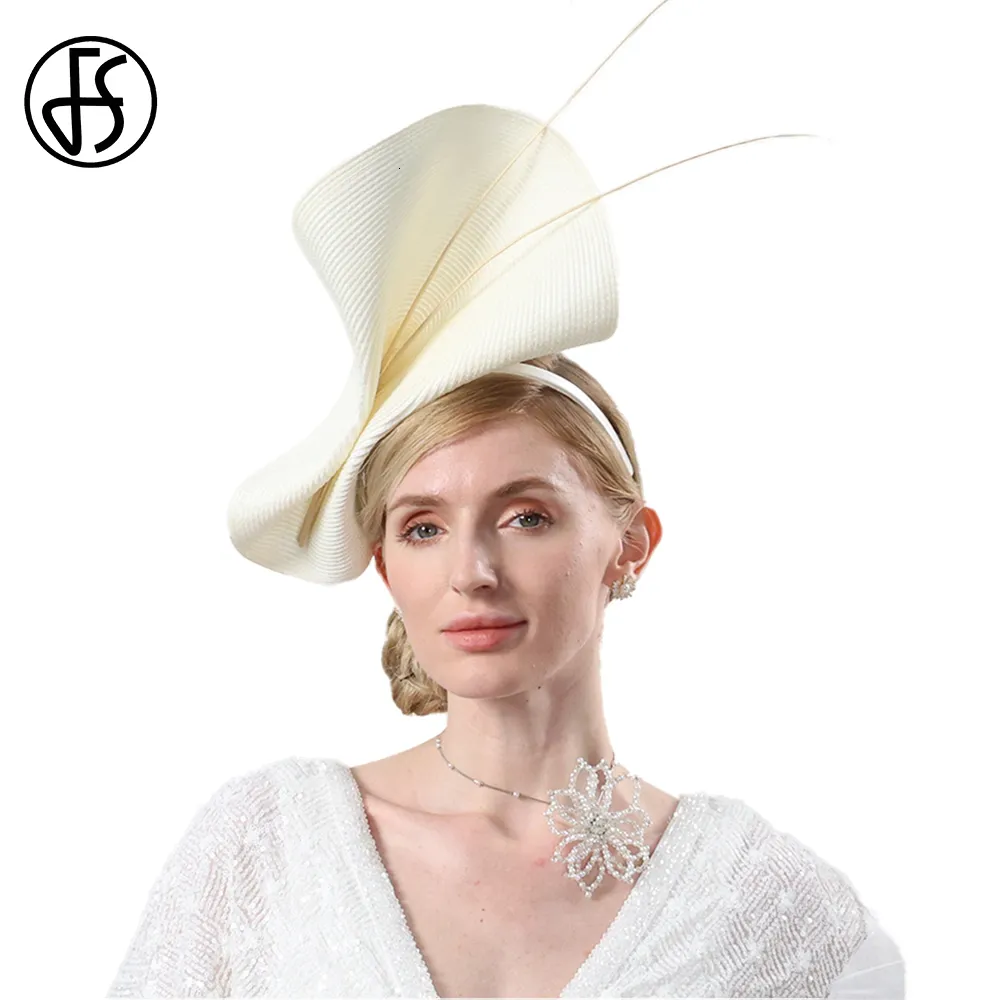 Cappelli a tesa larga Cappelli a secchiello FS Fascinators Cappelli da sposa bianchi beige per le donne Cocktail Tea Party Fedora Vintage Lady Elegante abito da chiesa Berretto derby 230621