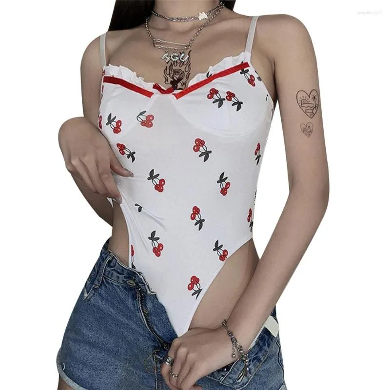 Women's Two Piece Pants Women Sexy Skinny Bodysuit Spaghetti Strap V Neck Cherry Print Backless Bodycon Jumpsuit Summer Tank Tops Underwear