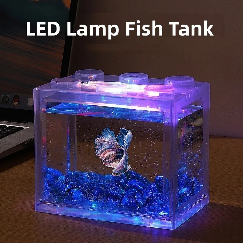 Dekorationer Creative Stackable Aquarium Mini Betta Fish Tank med LED Light Building Block Fighting Fish Bowl Home Decar Aquario Cylinder 230625