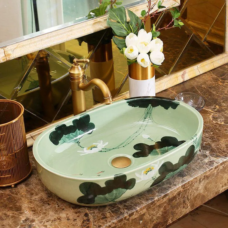 Europe Style fait à la main comptoir en céramique lavabo salle de bain bassin salle de bain évier porcelaine vintage salle de bain évier ovale lotus Eqpes