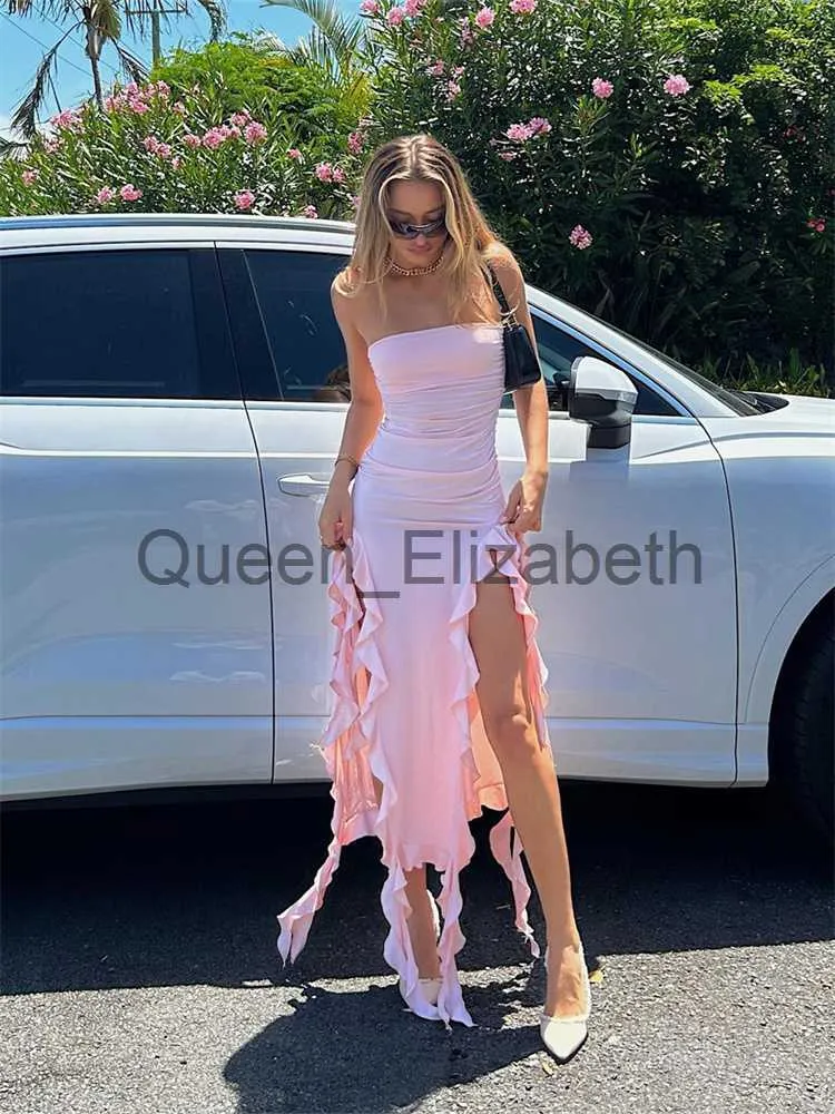 Casual Dresses 2023 Summer Y2K Long Dress Women Axeless Oregelbundet Tassel Slitklänning Party Sexig High Street Eesthetic Chic Dresses Streetwear J230625