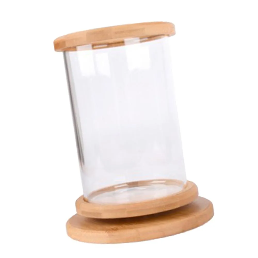 Rotatable Bamboo Stand & Glass Aquarium Fish Office Home Desktop Decor Small Fish Tank Cylinder Terrarium for Goldfish Betta