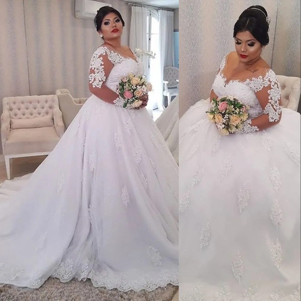 2024 sexy uma linha vestidos de casamento simples colher pescoço ilusão mangas compridas rendas apliques vestidos de noiva até o chão plus size vestido de noiva plus size