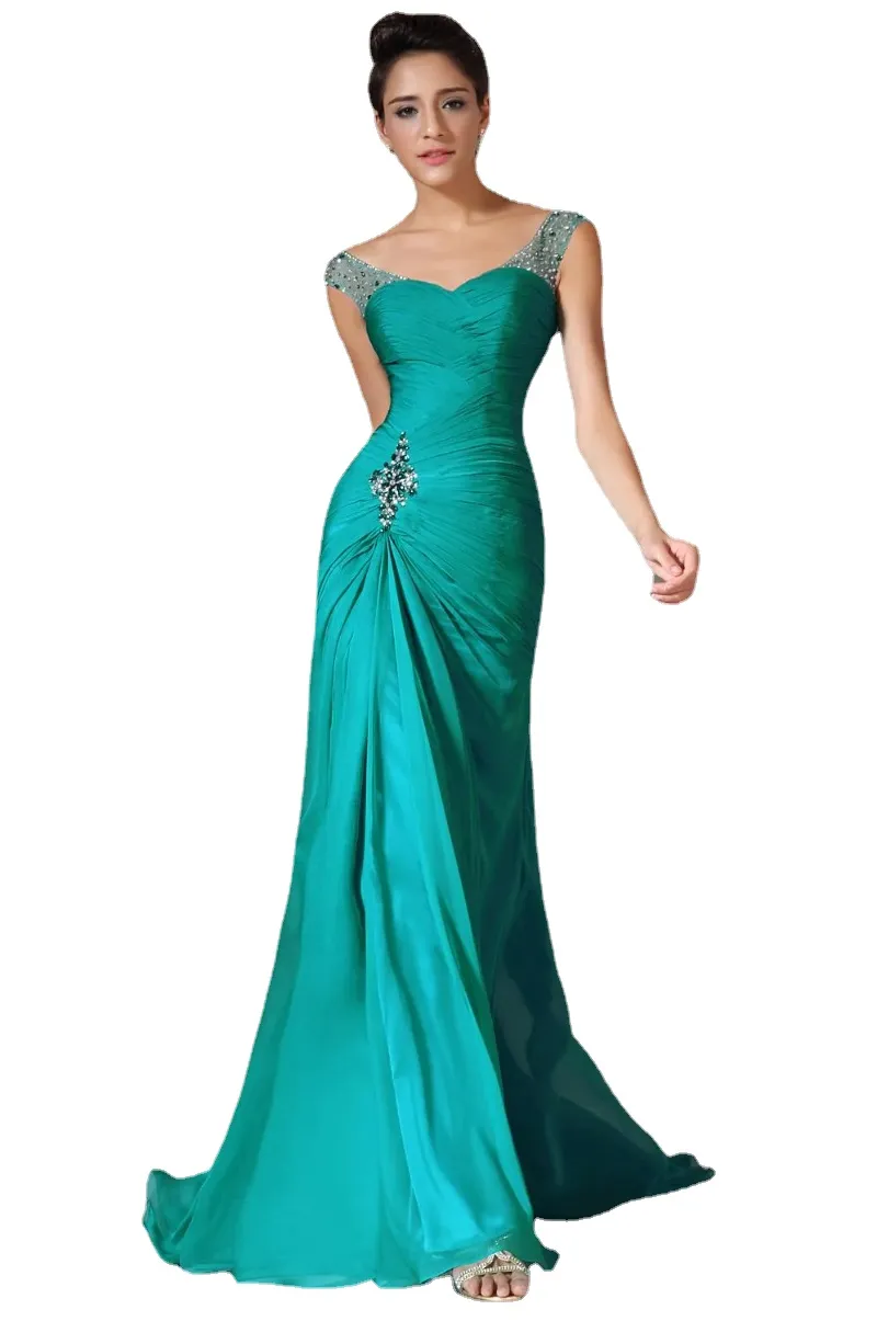 Nuovo design Best Selling Sirena con scollo a V Sweep Train Chiffon Cap Sleeve Prom Dresses Perline Pieghe Sconto Abiti da ballo Abiti da sera convenzionali