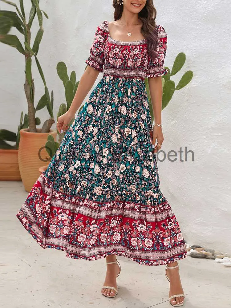 Casual Jurken Boho Bloemenprint Lange Jurk Vrouwen Zomer Strand Zonnejurk Korte Mouw Vierkante Hals Ruche Geplooide Jurk Bohemian Casual Jurken J230625