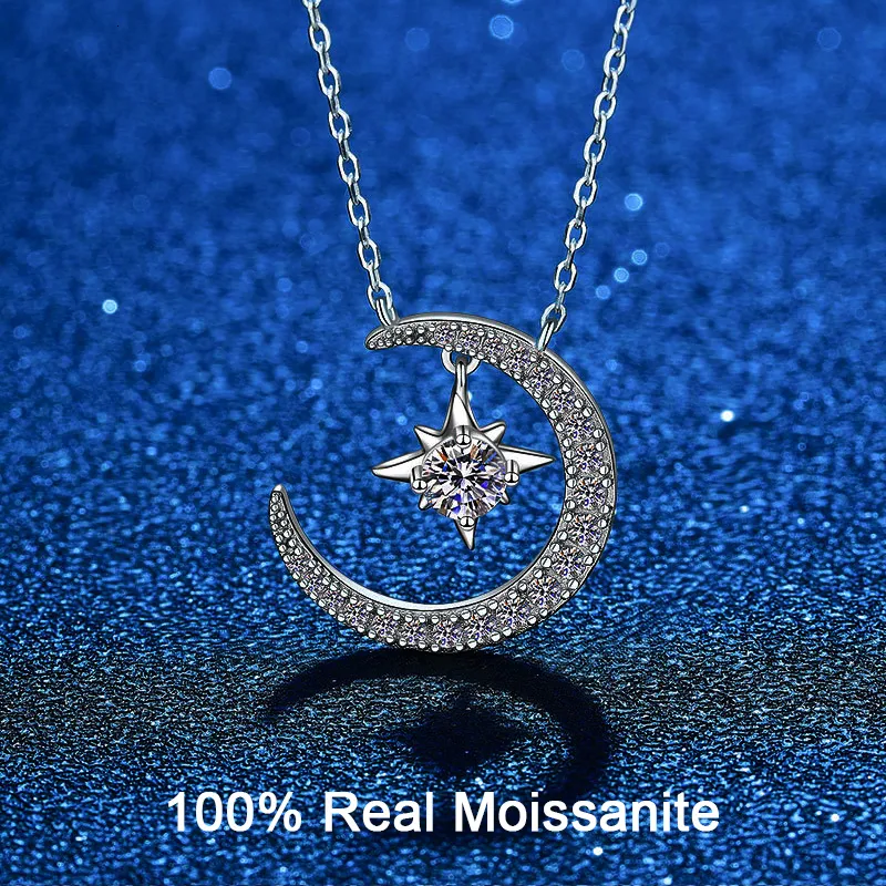 Strängar strängar verkliga VVS1 -halsband för kvinnor 925 Sterling Silver Moon Star 0.5 CT GRA Diamond Pendant Bridal Fine Jewelry 230625