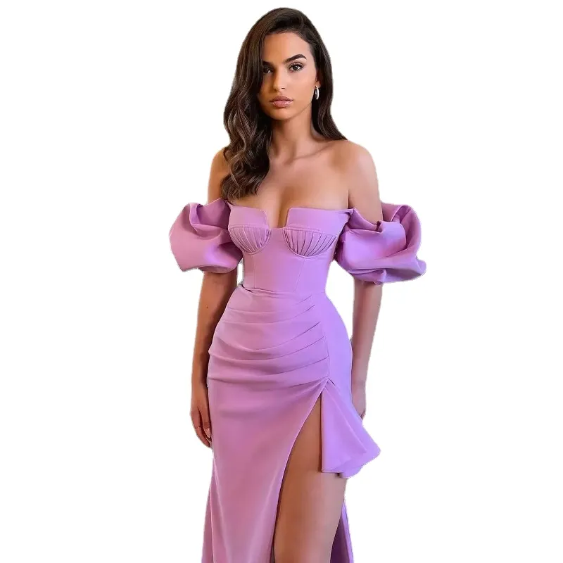 Novos vestidos de noite sexy sereia roxo com cristais frisados manga longa veludo cetim festa vestidos de festa pregas babados vestido de baile veste