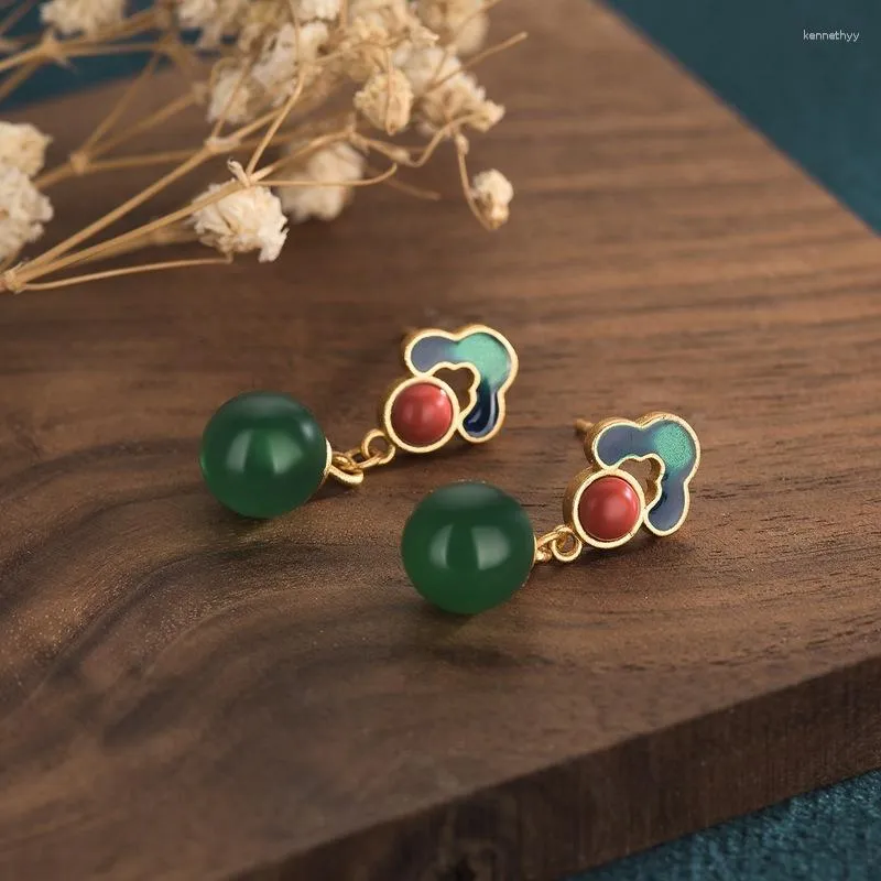 Stud Earrings Creative Design For Women China Style Enamel Color Copper Gold Plated Retro Dark Green Jade Bead Jewelry